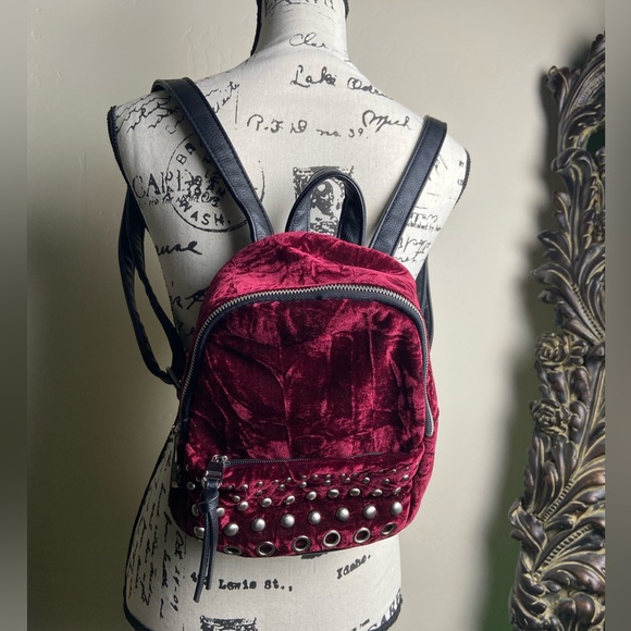 Steve Madden Dark Red Burgundy Velvet Backpack with Studs - Picture 4 of 8